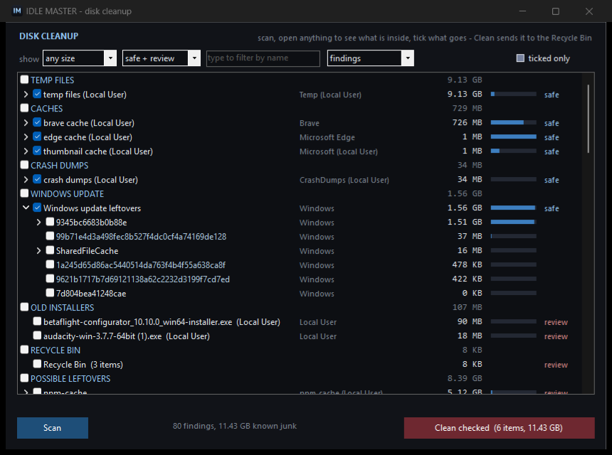 The disk cleanup window: nine findings — temp files, caches, crash dumps, Windows update leftovers, old installers, the recycle bin, possible leftovers, big folders and the drive map — with the Windows update finding opened into the packages inside it, each row carrying a checkbox, the owner of the bytes, a size, a share-of-parent bar and a safe or review verdict.