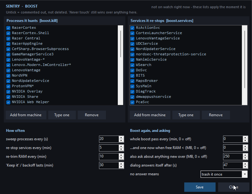 The sentry page: the boost kill list and the services it re-stops shown as checklists you can add to, remove from or comment out, beside every timer — sweep interval, re-stop interval, re-trim interval, backoff — and the 'ask first' knobs.