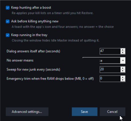 The settings dialog: plain-language switches for the sentry, ask-before-kill and tray, the dialog timeout in seconds with a choice for what no answer means, the sweep interval, and an emergency-trim threshold, with an Advanced settings button behind it.