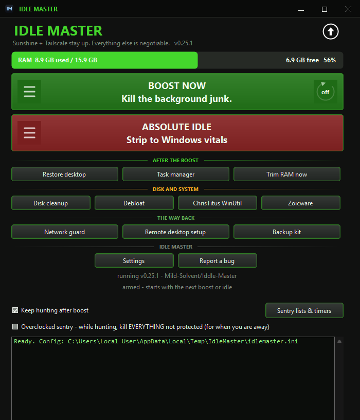 Idle Master wearing the Cortex theme: near-black background, bright green accents, rounded buttons with a gradient lit from above and a green glow inside each edge, and a title bar drawn by the theme itself instead of the Windows one.
