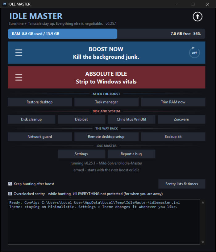 The Idle Master window: a RAM gauge, the BOOST NOW and ABSOLUTE IDLE slabs, then four named bands of buttons - after the boost, disk and system, the way back, and Idle Master itself - over a console log.